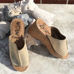 Sam Edelman Ranger Leather Molten Gold Cork Platform Wedge Sandals Size 7
